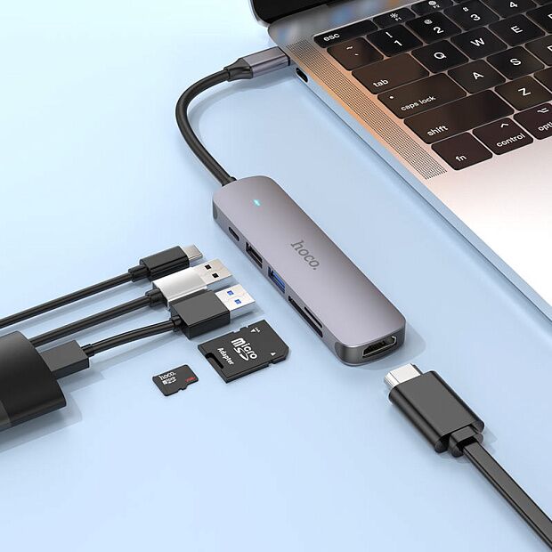 Хаб 6 в 1 Hoco HB28 USB 2.0, 1 USB 3.0, Type-C, Card Reader SD, Micro SD, HDMI серый - 4