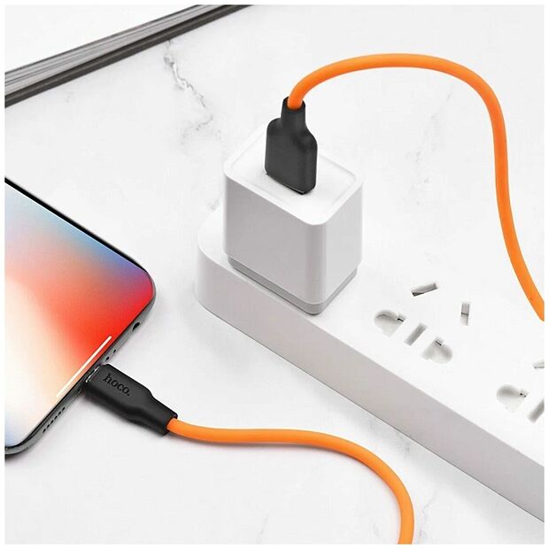 USB кабель HOCO X21 Plus Silicone Lightning 8-pin, 2.4А, 1м, силикон (оранжевый/черный) - 5