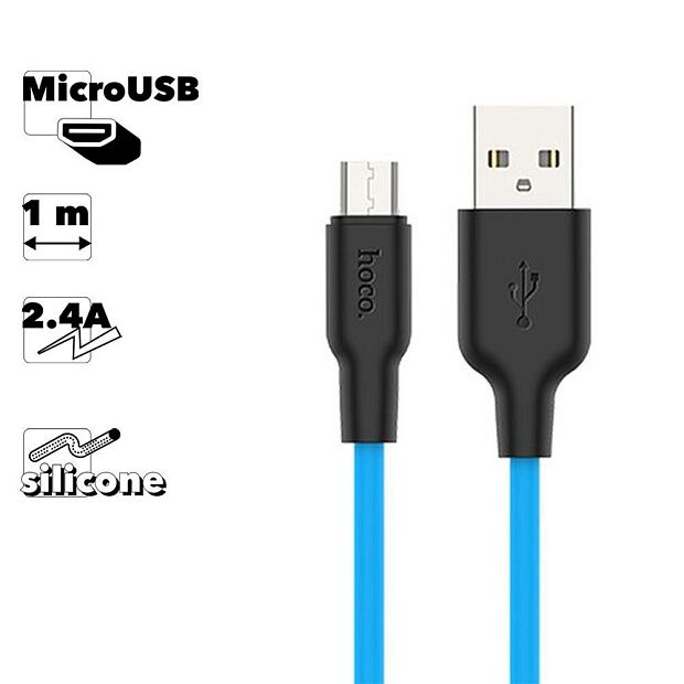 USB кабель HOCO X21 Plus Silicone MicroUSB, 2.4А, 1м, силикон (синий/черный) - 4