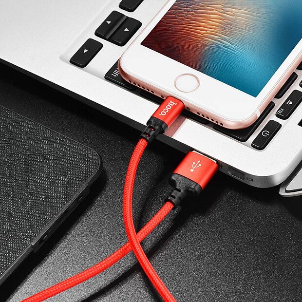 USB кабель HOCO X14 Times Speed Lightning 8-pin, 1м, нейлон (черый/красный) - 4