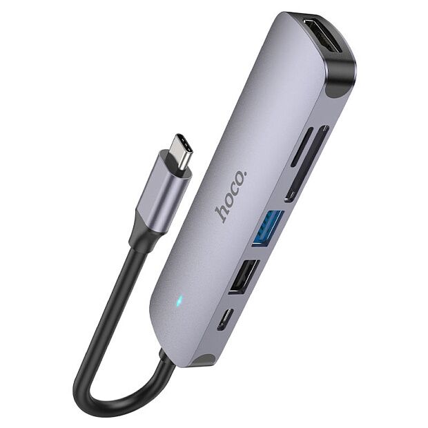 Хаб 6 в 1 Hoco HB28 USB 2.0, 1 USB 3.0, Type-C, Card Reader SD, Micro SD, HDMI серый - 2