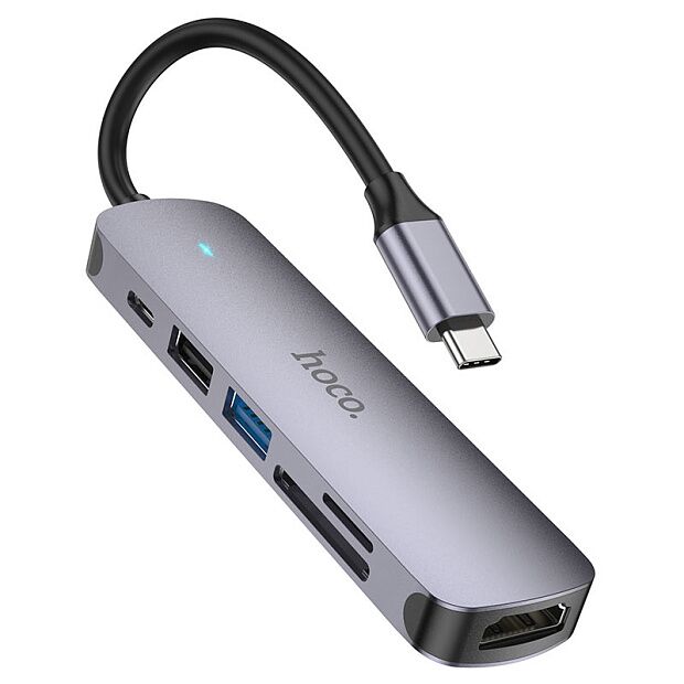 Хаб 6 в 1 Hoco HB28 USB 2.0, 1 USB 3.0, Type-C, Card Reader SD, Micro SD, HDMI серый - 1